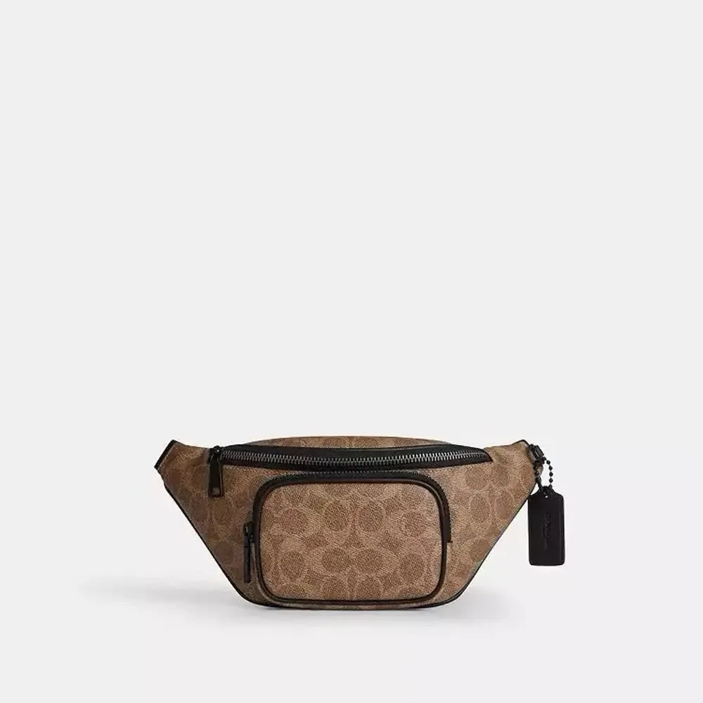 NWT Coach Travis Belt Bag 30 In Signature Canvas Matte Black/Tan Black CET88